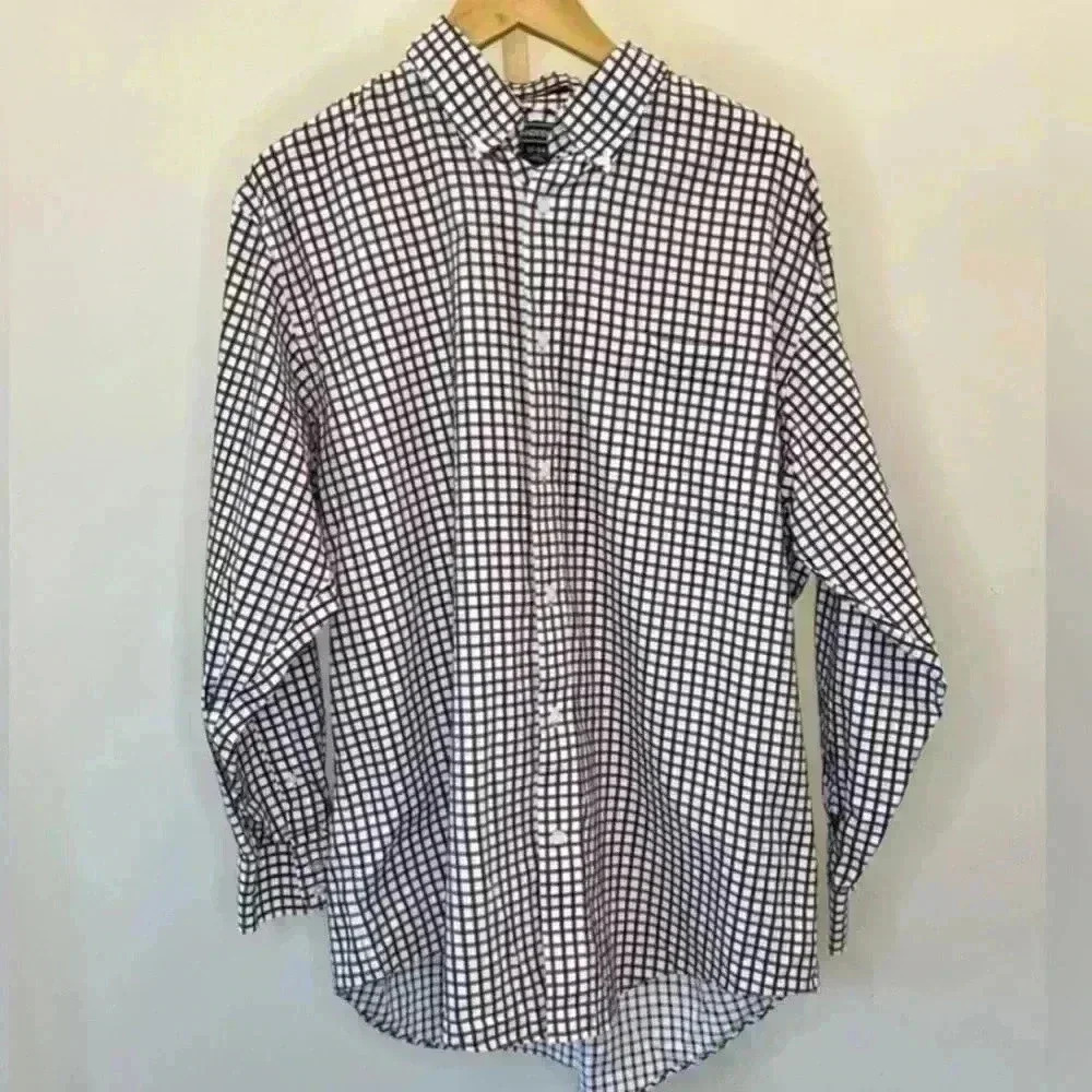 Lands' End Men's Club Deep Red Checkered Long Sleeve Button-Up Shirt Size 17/34